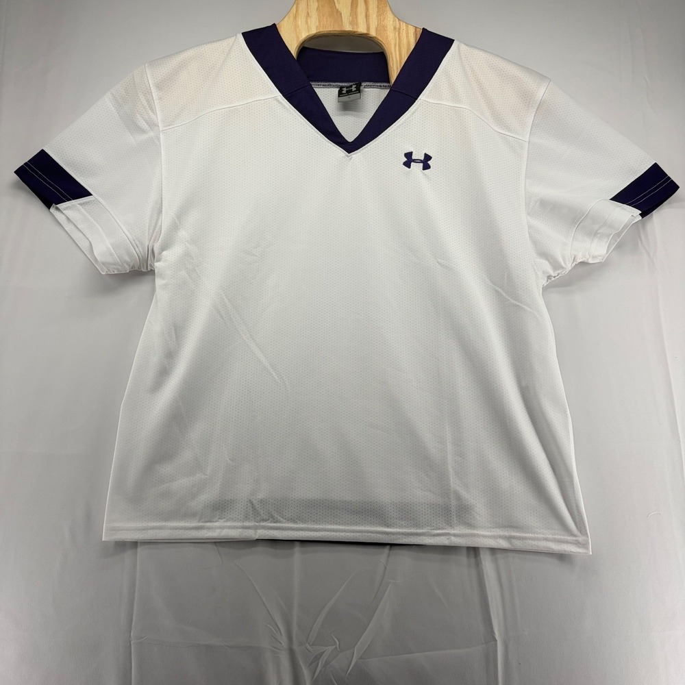 Under Armour Mens XL White Purple Mesh V-Neck Athletic Training Jersey Shirt